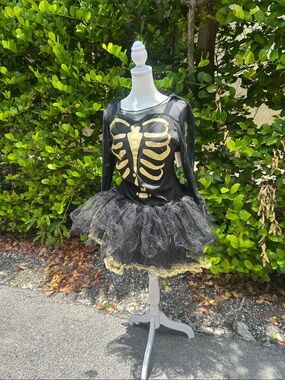 NWT Black & Gold Skeleton Tutu Costume with Stockings